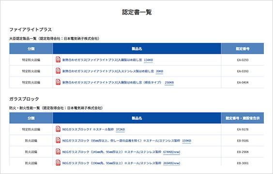 写真：NEGガラスブロックアルミニウム製大臣認定防火設備（個別認定）の認定書のご案内
