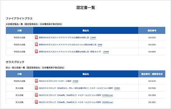 写真：NEGガラスブロックアルミニウム製大臣認定防火設備（個別認定）の認定書のご案内